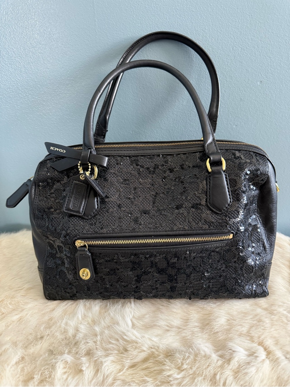 Coach Poppy Sequin Leather Two Way Satchel